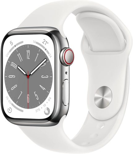 Apple Watch Series 8, GPS + Cellular Connectivity, 41mm Size, Silver Stainless Steel Case, With Sport Band, Crack Dust Resistant, All Day Battery Life, White | MNJ63ZA/A