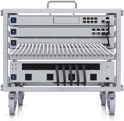 Ubiquiti Toolless 6U-Sized Mini Device Rack, 24 Port Blank Patch Panel, Open Frame, 38kg Max Capacity, Toolless Assembly & Device Mounting, Lockable Casters, Silver | U-RACK-6U-TL