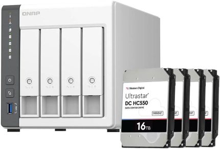 QNAP TS-433 4 Bay 64TB NAS with WD 16TB (4x16TB) Ultrastar HC550 SATA-6Gb/s HDD, 7200RPM / 512MB Cache, ARM 4-core Cortex-A55 2.0GHz, 4 GB RAM, 3Gb/s, 5 Gigabit Ethernet Port