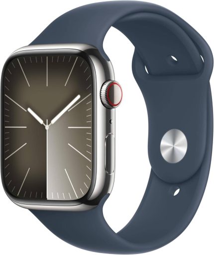 Apple Watch Series 9, Always-On Retina Display, Fitness Tracker, Blood Oxygen & ECG Apps, Silver Stainless Steel Case with Storm Blue Sport Band S/M, 45mm, GPS + Cellular, Storm Blue | MRMN3QA/A