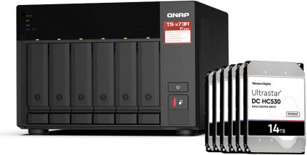 QNAP TS-673A 6-Bay 84 TB NAS with WD Ultrastar DC HC530 6 x14TB 3.5" HDD, AMD Ryzen V1000 4 CPU, 7200 rpm SATA III 6Gb/s, 8 GB DDR4 Memory, 2 PCIe Slot, USB 3.2 Gen 2 , 250W PSU