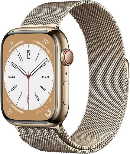 Apple Watch Series 8, GPS + Cellular Connectivity, 45mm Size, Gold Stainless Steel Case with Gold Milanese Loop, Crack Dust Resistant, All Day Battery Life, Gold | MNKQ3AE/A