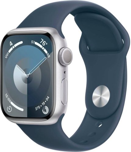 Apple Watch Series 9 GPS 41mm Smartwatch with Silver Aluminum Case with Storm Blue Sport Band - M/L, Always-On Retina Display, Fitness Tracker, Blood Oxygen & ECG Apps, Storm Blue | MR913QA/A / LL/A