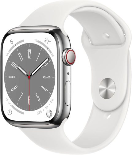 Apple Watch Series 8, GPS + Cellular Connectivity, 45mm Size, Silver Stainless Steel Case, With White Sport Band, Crack Dust Resistant, All Day Battery Life, White | MNKF3ZA/A