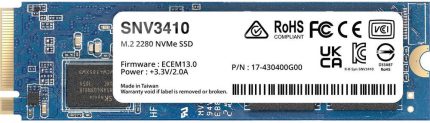 Synology NVMe M.2 2280 Internal SSD, 800GB Capacity, Up to 3100 MB/s Sequential Read & 1000 MB/s Sequential Write Speed, PCIe 3.0 x4 Interface, 1,022 TBW, 1.8M Hours MTBF | SNV3410-800G
