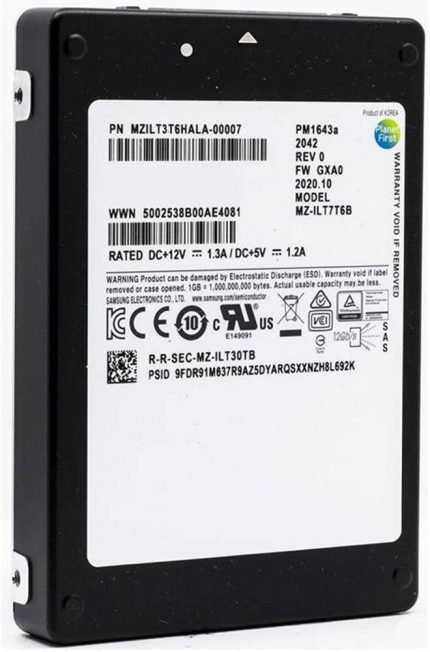 Samsung PM1643A 3.8 TB 2.5" SAS 12Gb/s Internal SSD, Up to 2100 MB/s Seq. Read & 2000MB/s Seq. Write Speed, 2,000,000 Hours MTBF, V-NAND TLC Technology, Black | MZILT3T8HBLS-00007