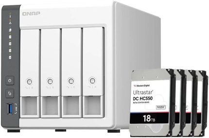 QNAP TS-433 4 Bay 72 TB NAS with WD 18TB (4x18TB) Ultrastar HC550 SATA-6Gb/s HDD, 7200RPM / 512MB Cache, ARM 4-core Cortex-A55 2.0GHz, 4 GB RAM, 3Gb/s, 5 Gigabit Ethernet Port