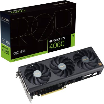 ASUS ProArt GeForce RTX 4060 OC Graphics Card, 8GB GDDR6 128-bit Memory, 2550 MHz Boost Clock, 17 Gbps Memory Speed, 3072 CUDA Cores, PCI E 4.0, 1* HDMI 2.1a / 3* DisplayPort 1.4a | 90YV0JM0-M0NA00