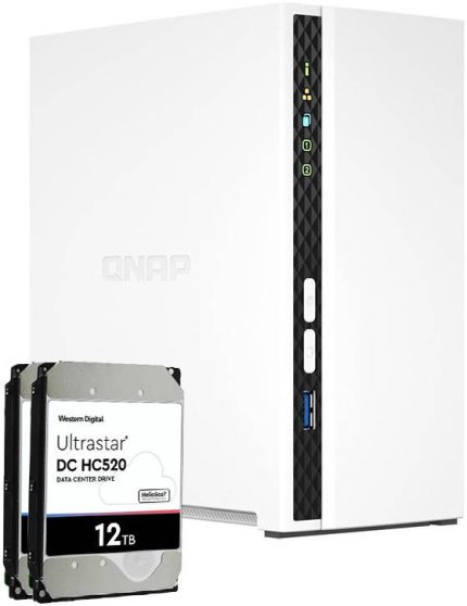 QNAP TS-233 2 Bay 24 TB Desktop NAS with 2 x 12TB Ultrastar (HGST) HC550 SATA 6Gb/s HDD, 2GB RAM On Board, 2 x 3.5 Inch SATA 6Gb/s Drive Bay, ARM Processor, Power, Gigabit Ethernet Port