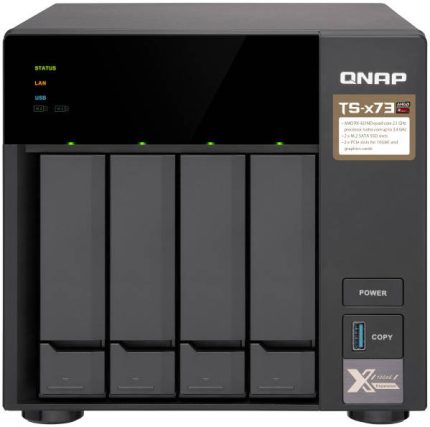 QNAP 4-Bay NAS, AMD R-Series RX-421ND 4-core 2.1 GHz processor (Turbo Core to 3.4 GHz), 4 GB SODIMM DDR4 (2 x 2 GB), 3.5"/2.5" SATA HDD & 2.5" SATA SSD Compatible, Black | TS-473-4G