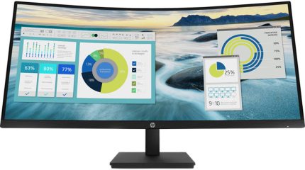HP P34hc G4 WQHD USB-C 34" Curved Monitor, WQHD (3440 x 1440) VA Display, 100 Hz Refresh Rate, 5ms Response Time, 85% NTSC, Height Adjustable, DisplayPort, HDMI & USB Type-C, Black | 21Y56AS#ABV