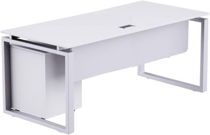 Mahmayi Carre Modern Workstation Desk Steel Square Metal Legs With Silver Modesty Panel (160cm, White) | ME5116WH