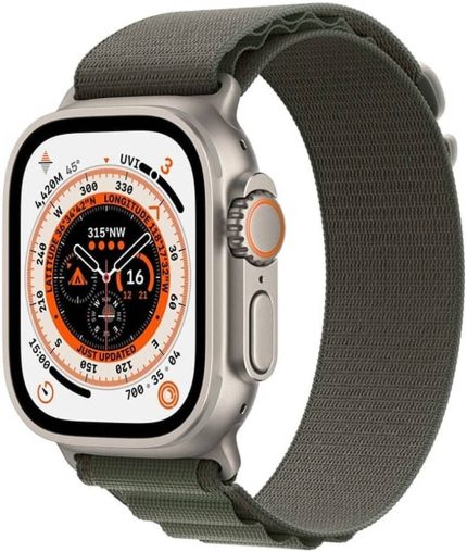 Apple Watch Ultra, GPS + Cellular Connectivity, 49mm Case Size, Titanium Case with Green Alpine Loop, Customizable Action Button, Up to 36 Hours of Battery Life, Large | MQFP3AE/A